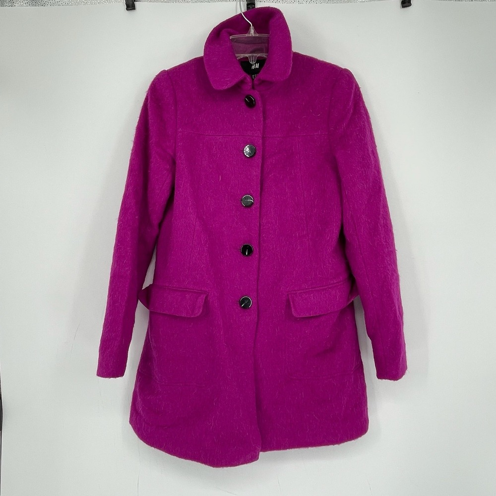 H&M Women's Magenta Wool Blend Button Front Winter Jacket Overcoat Size 6